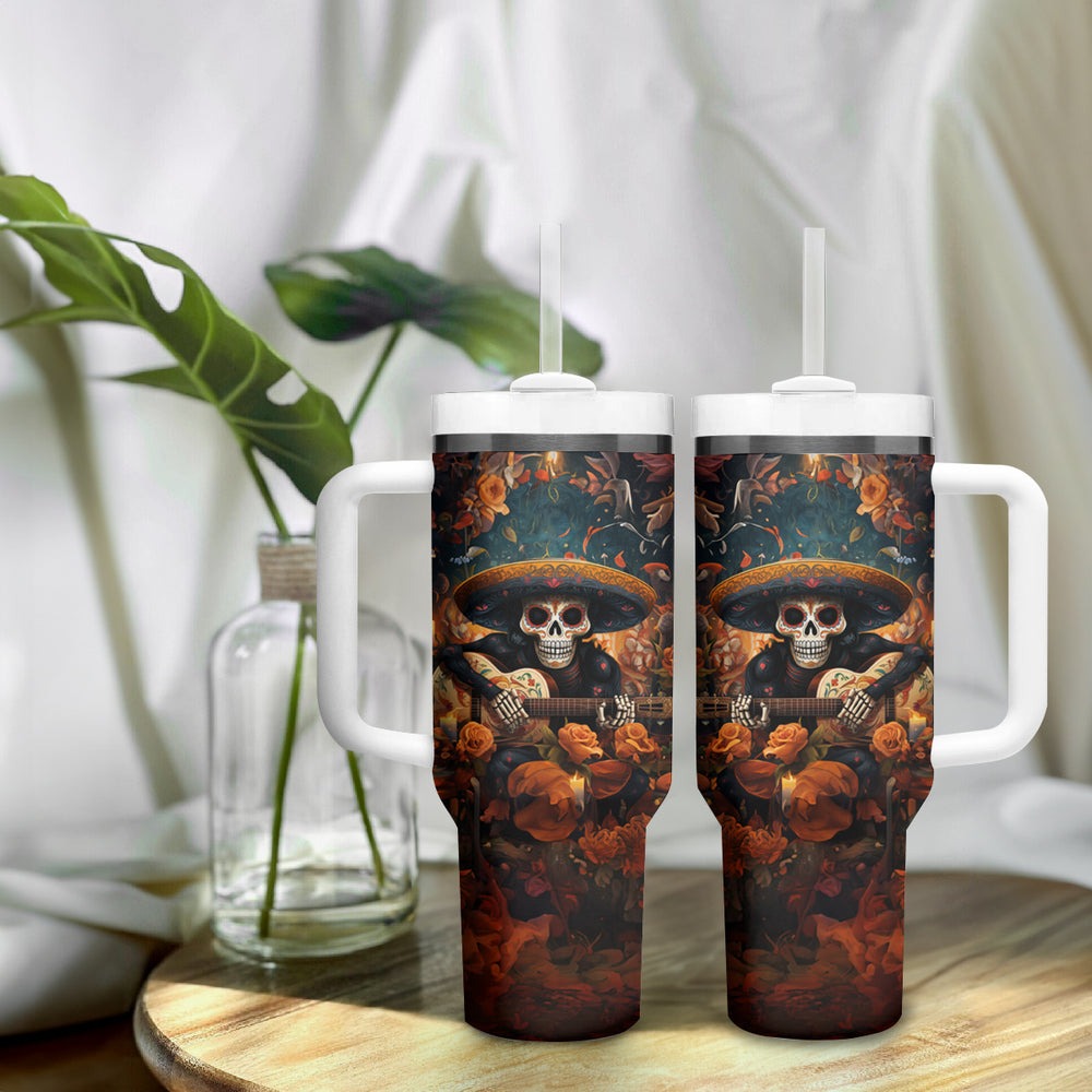 Day of Dead Skull Tumbler With Handle Sugar Skull Band Skeleton DT01 Day of Dead Skull Tumbler With Handle Sugar Skull Band Skeleton DT01