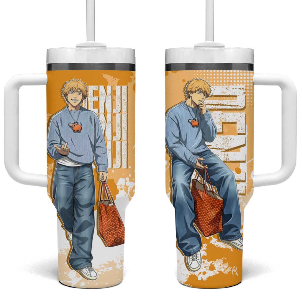 Denji Chainsaw Man Urban Drip Tumbler With Handle Streetwear Anime Vibes in Orange Tones TS04