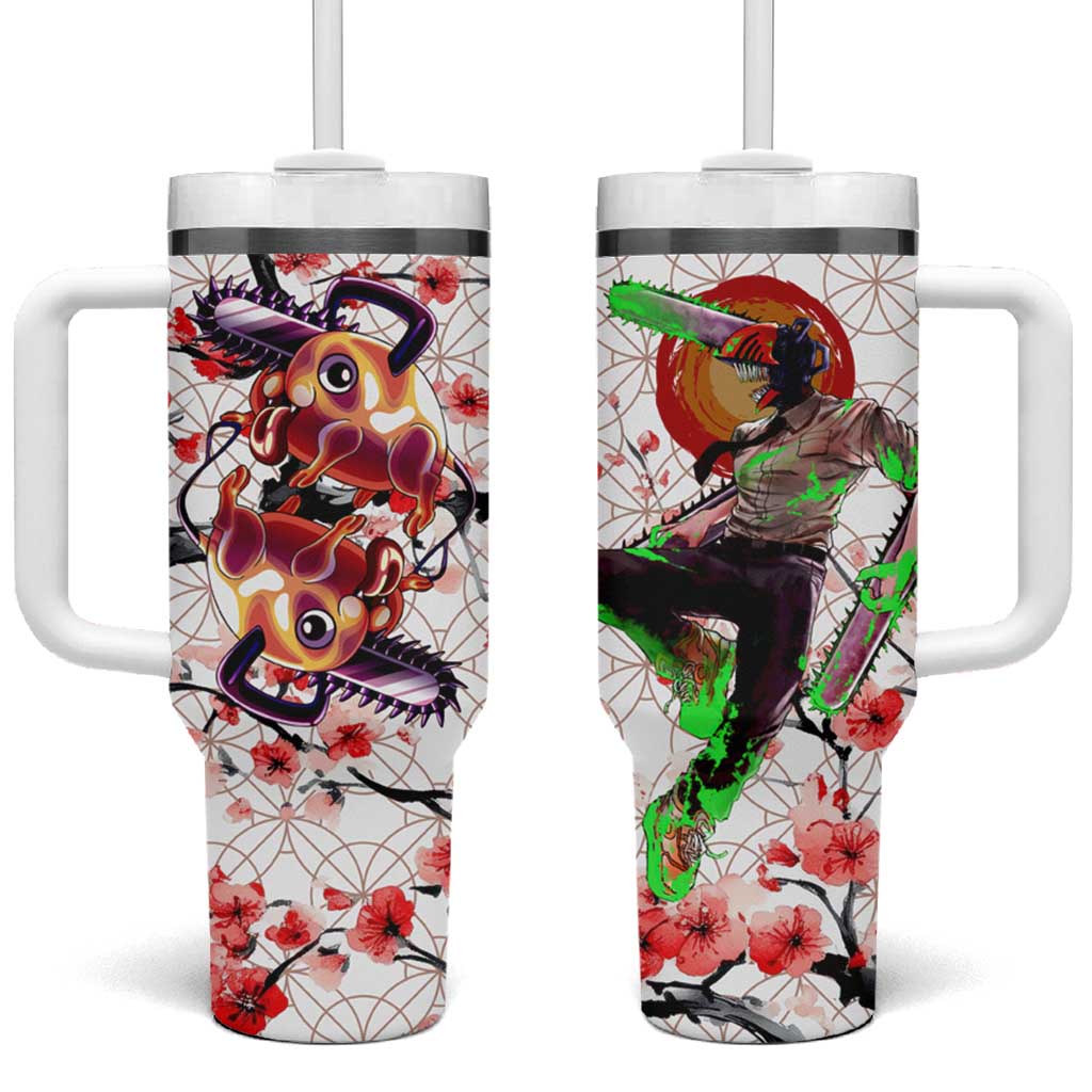 Denji x Pochita Chainsaw Man Tumbler With Handle Anime Mix Cherry Blossom Style TS04