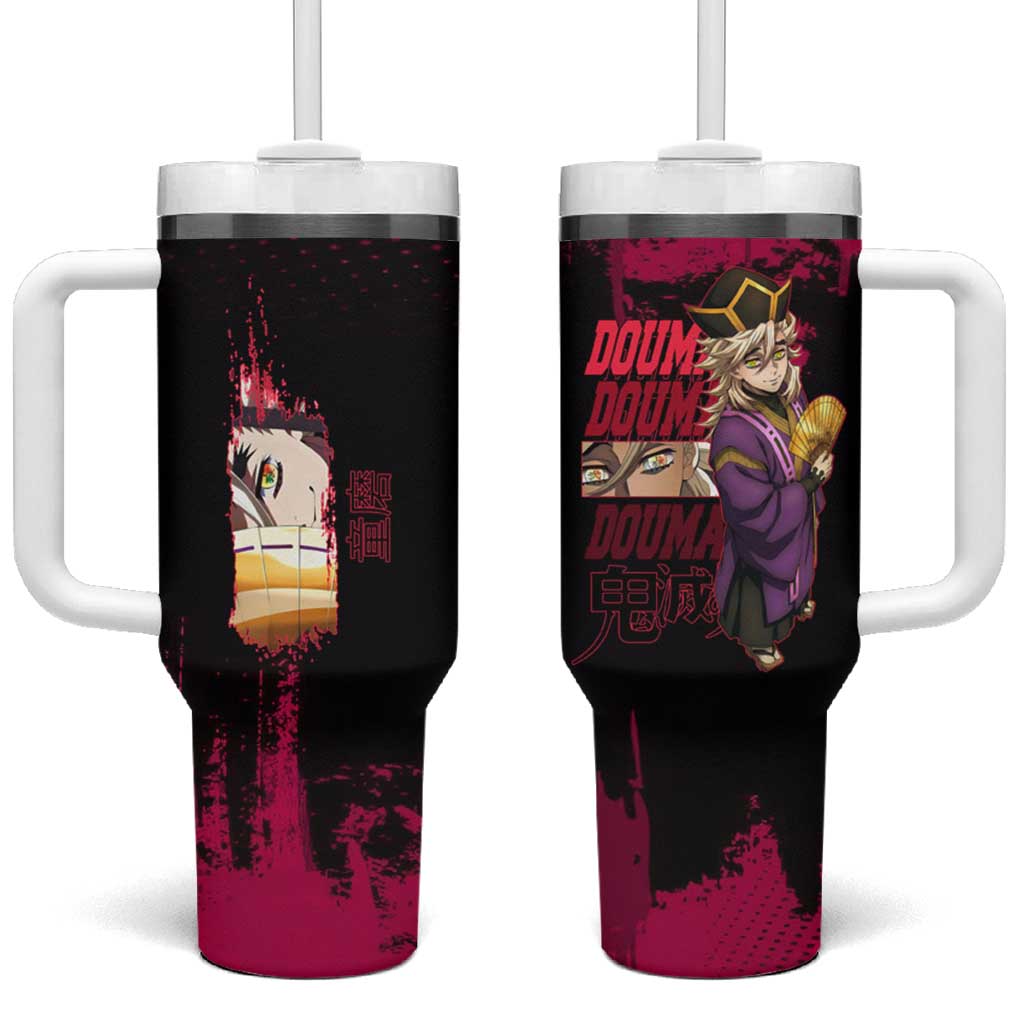 Douma Demon Slayer Red Grunge Design Tumbler With Handle with Fan Pose and Piercing Eyes Detail TS04