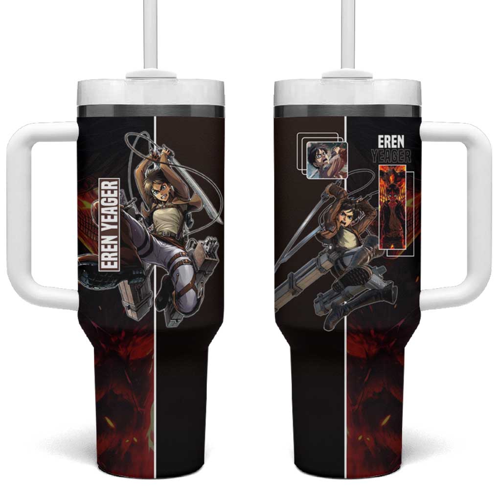 Eren Yeager from Attack on Titan Tumbler With Handle with Action Poses and Fiery Background Design TS04