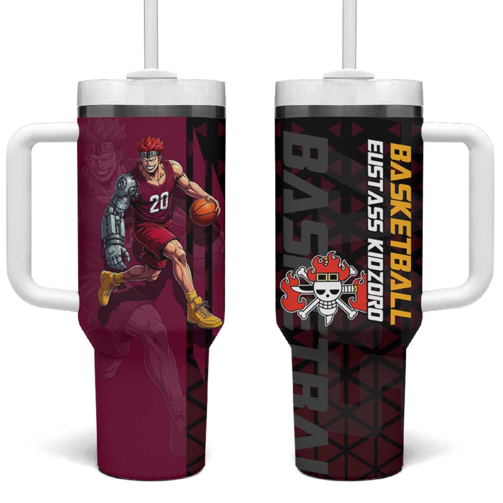 Eustass Kid One Piece Basketball Theme Red and Black Design Tumbler With Handle with Flame Skull Emblem and Mechanical Arm Pose TS04