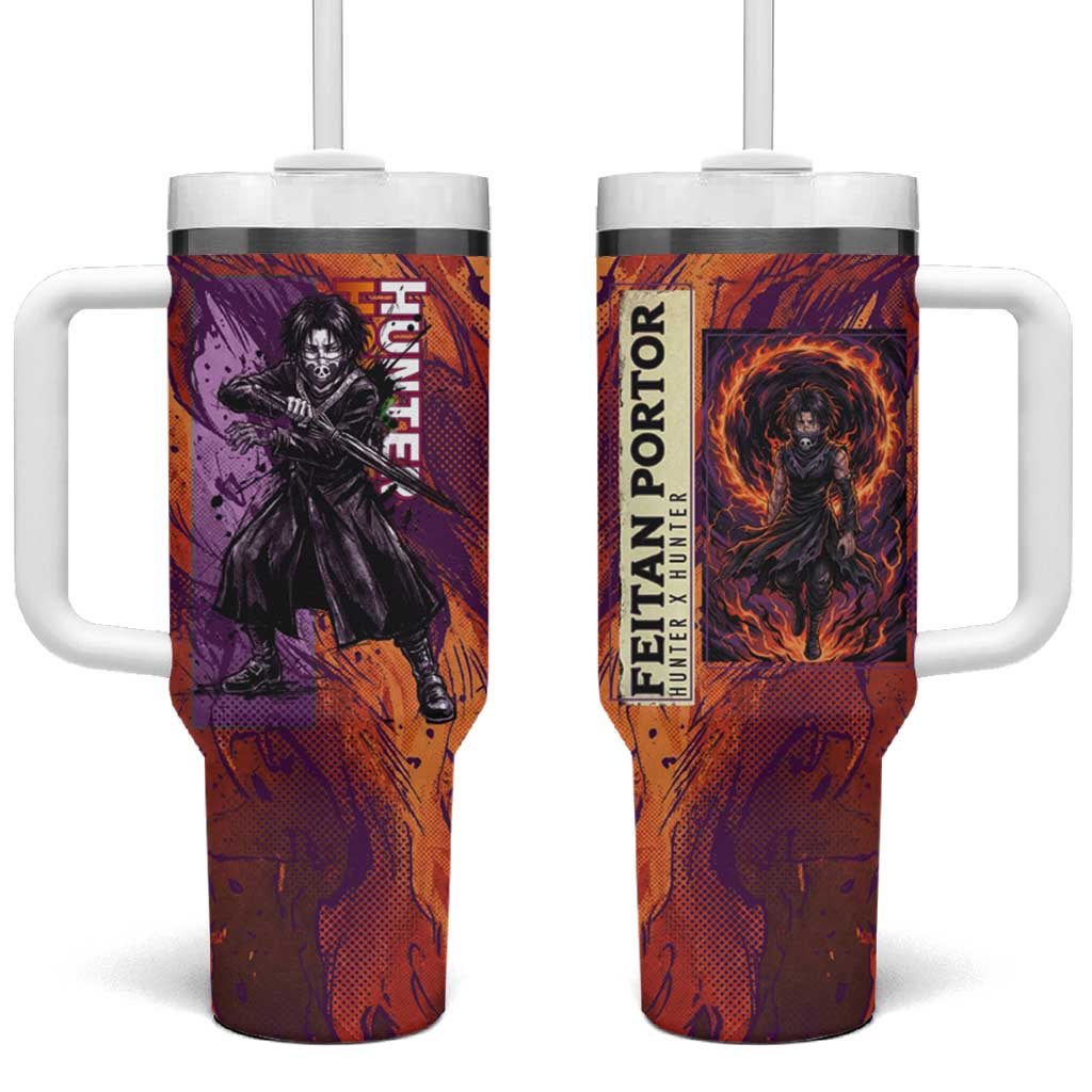Feitan Portor Flame Aura Design Tumbler With Handle with Sword Stance and Intense Anime Artwork TS04