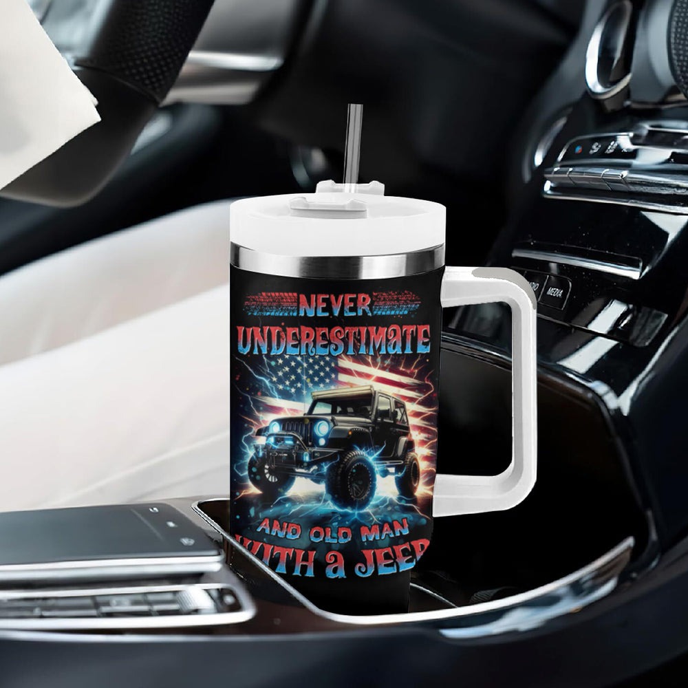 Flag Jeep Tumbler With Handle Never Underestimate And Old Man With A Jeep DT01 Flag Jeep Tumbler With Handle Never Underestimate And Old Man With A Jeep DT01