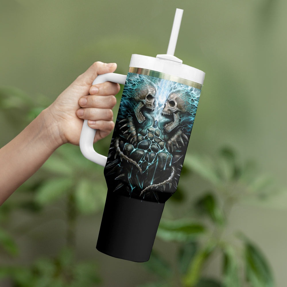 Flame Twin Skull Tumbler With Handle Skeleton Inside DT01 Flame Twin Skull Tumbler With Handle Skeleton Inside DT01
