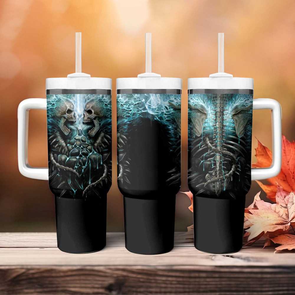 Flame Twin Skull Tumbler With Handle Skeleton Inside DT01 Flame Twin Skull Tumbler With Handle Skeleton Inside DT01