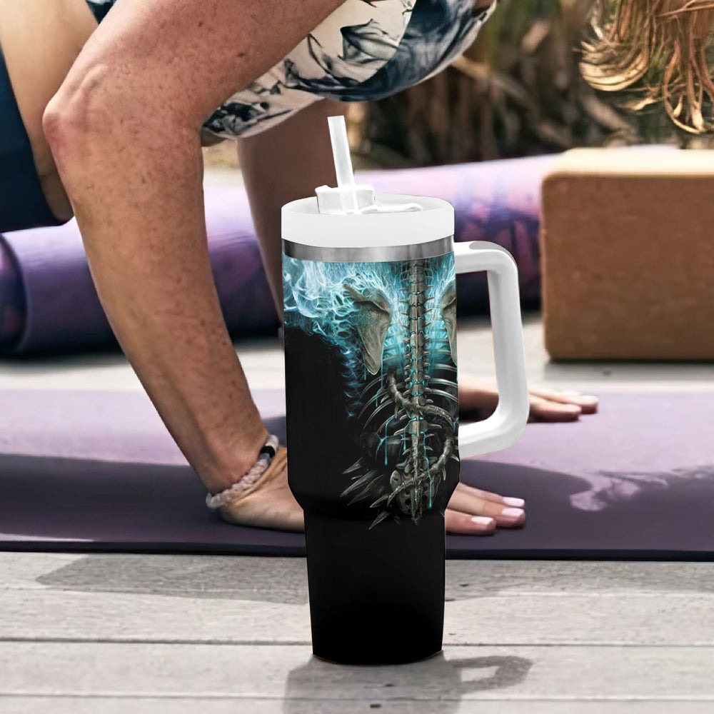 Flame Twin Skull Tumbler With Handle Skeleton Inside DT01 Flame Twin Skull Tumbler With Handle Skeleton Inside DT01