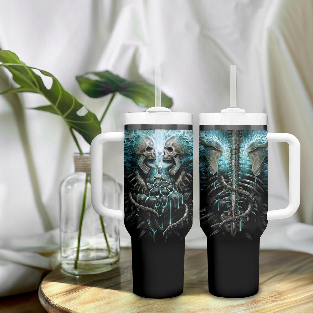 Flame Twin Skull Tumbler With Handle Skeleton Inside DT01 Flame Twin Skull Tumbler With Handle Skeleton Inside DT01