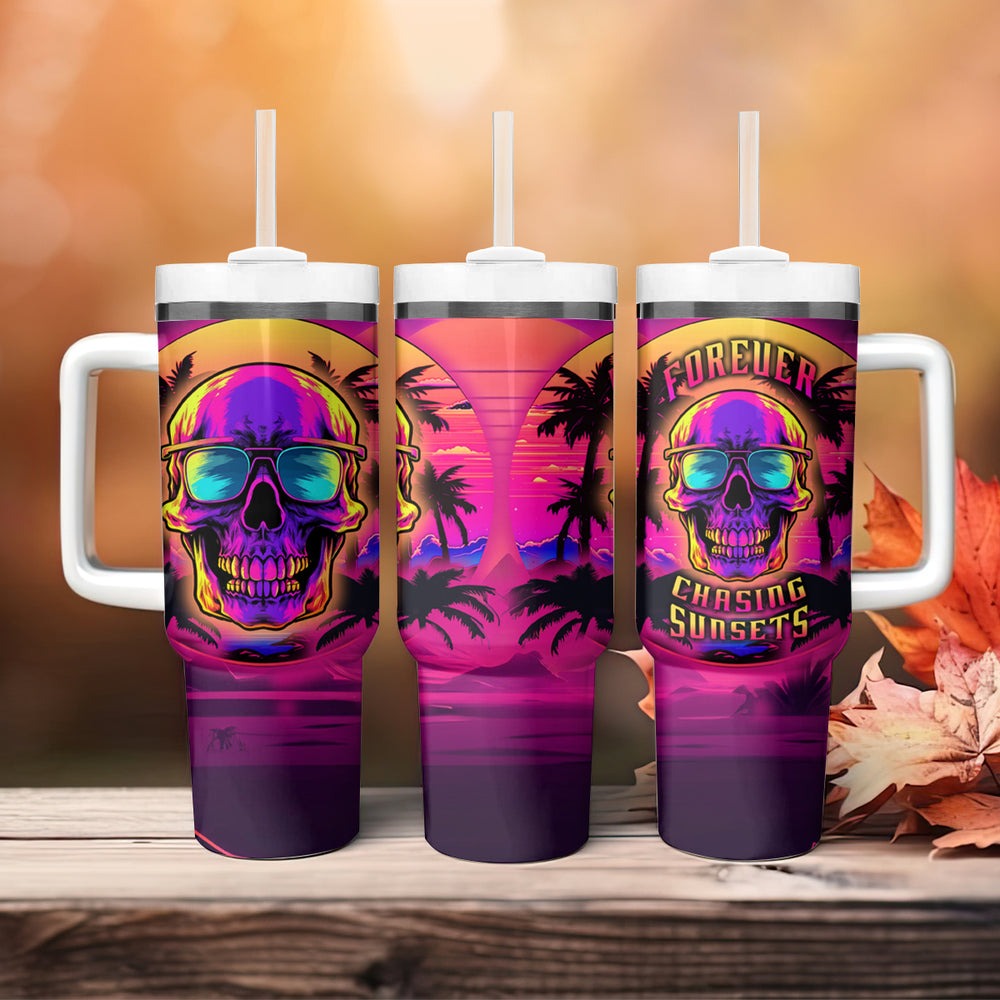 Foreuer Chasing Sunsets Skull Tumbler With Handle TS04 Foreuer Chasing Sunsets Skull Tumbler With Handle TS04