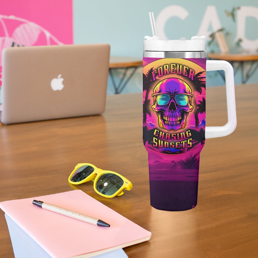 Foreuer Chasing Sunsets Skull Tumbler With Handle TS04 Foreuer Chasing Sunsets Skull Tumbler With Handle TS04