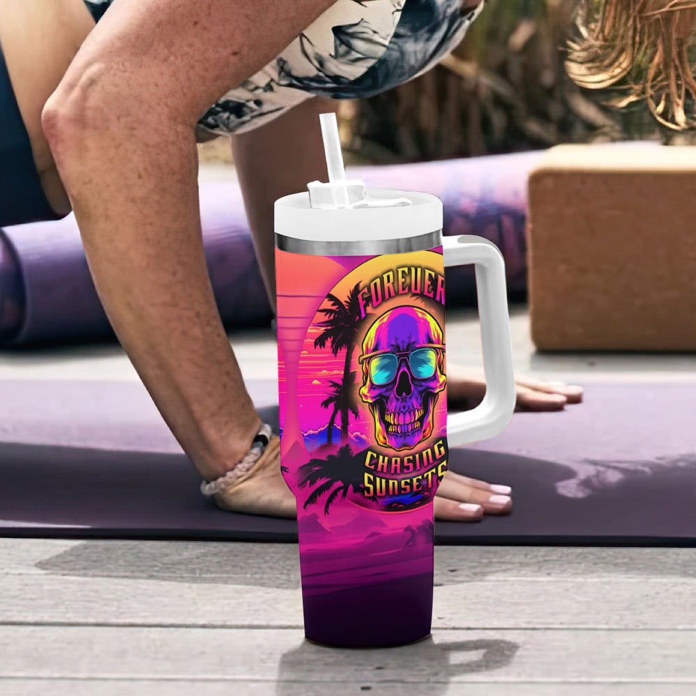 Foreuer Chasing Sunsets Skull Tumbler With Handle TS04 Foreuer Chasing Sunsets Skull Tumbler With Handle TS04