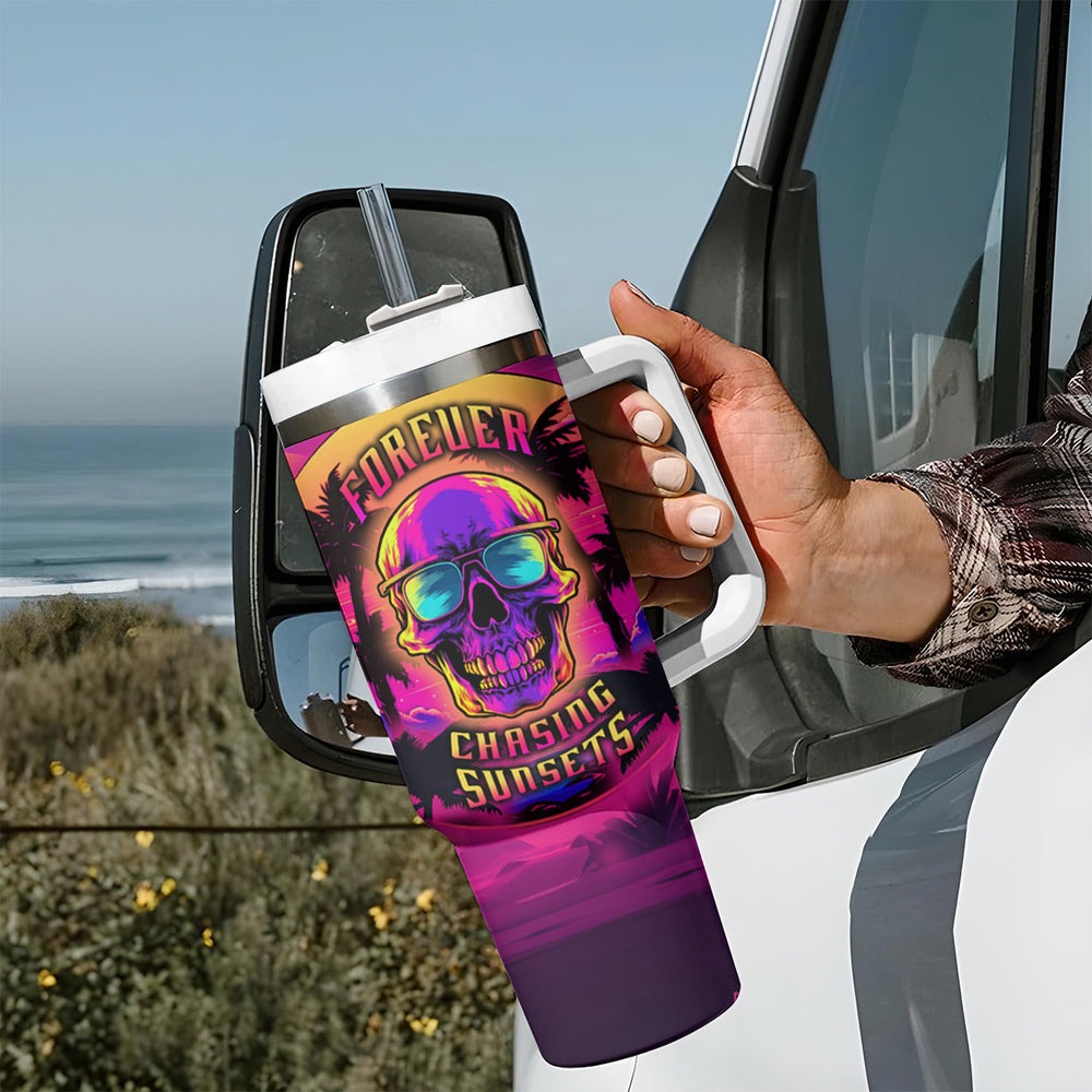 Foreuer Chasing Sunsets Skull Tumbler With Handle TS04 Foreuer Chasing Sunsets Skull Tumbler With Handle TS04