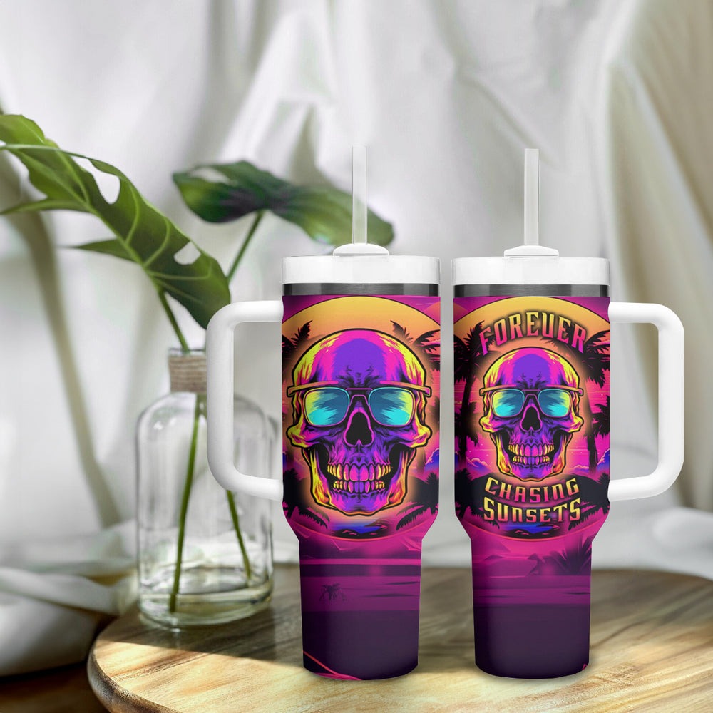 Foreuer Chasing Sunsets Skull Tumbler With Handle TS04 Foreuer Chasing Sunsets Skull Tumbler With Handle TS04