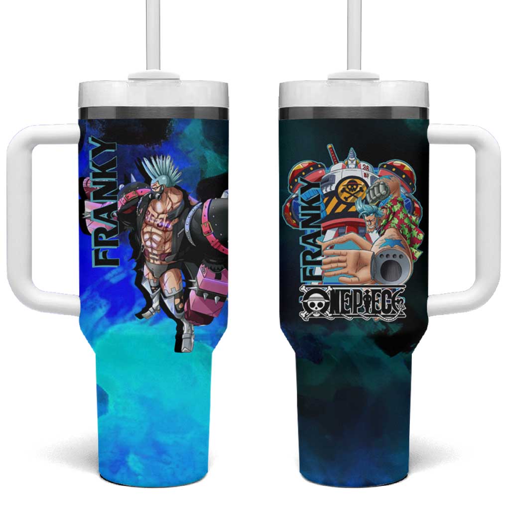 Franky One Piece Blue Theme Tumbler With Handle with Cyborg Design and Shipwright Pose TS04