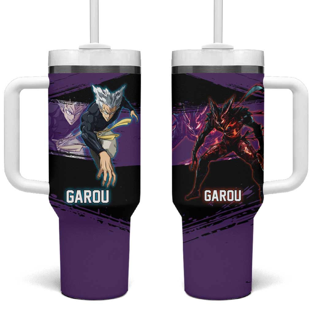 Garou One Punch Man Anime Purple and Black Theme Tumbler With Handle with Hero and Monster Forms in Dynamic Battle Pose TS04