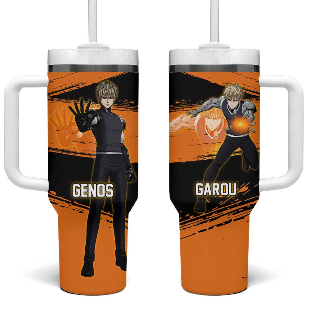 Genos One Punch Man Anime Orange and Black Theme Tumbler With Handle with Cyborg Arm Blast and Intense Action Pose TS04