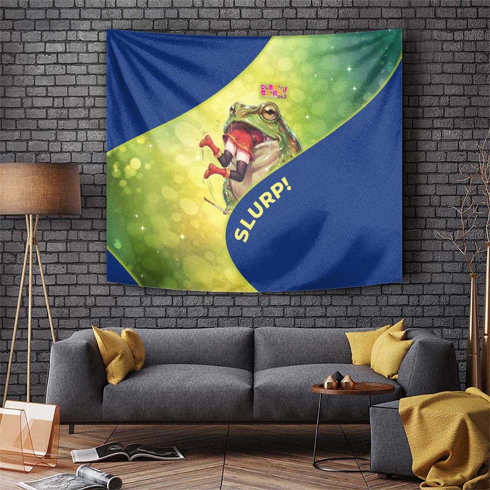 Giant Toad Encounter Tapestry Comedic Fantasy Creature Art Style TS04 Giant Toad Encounter Tapestry Comedic Fantasy Creature Art Style TS04