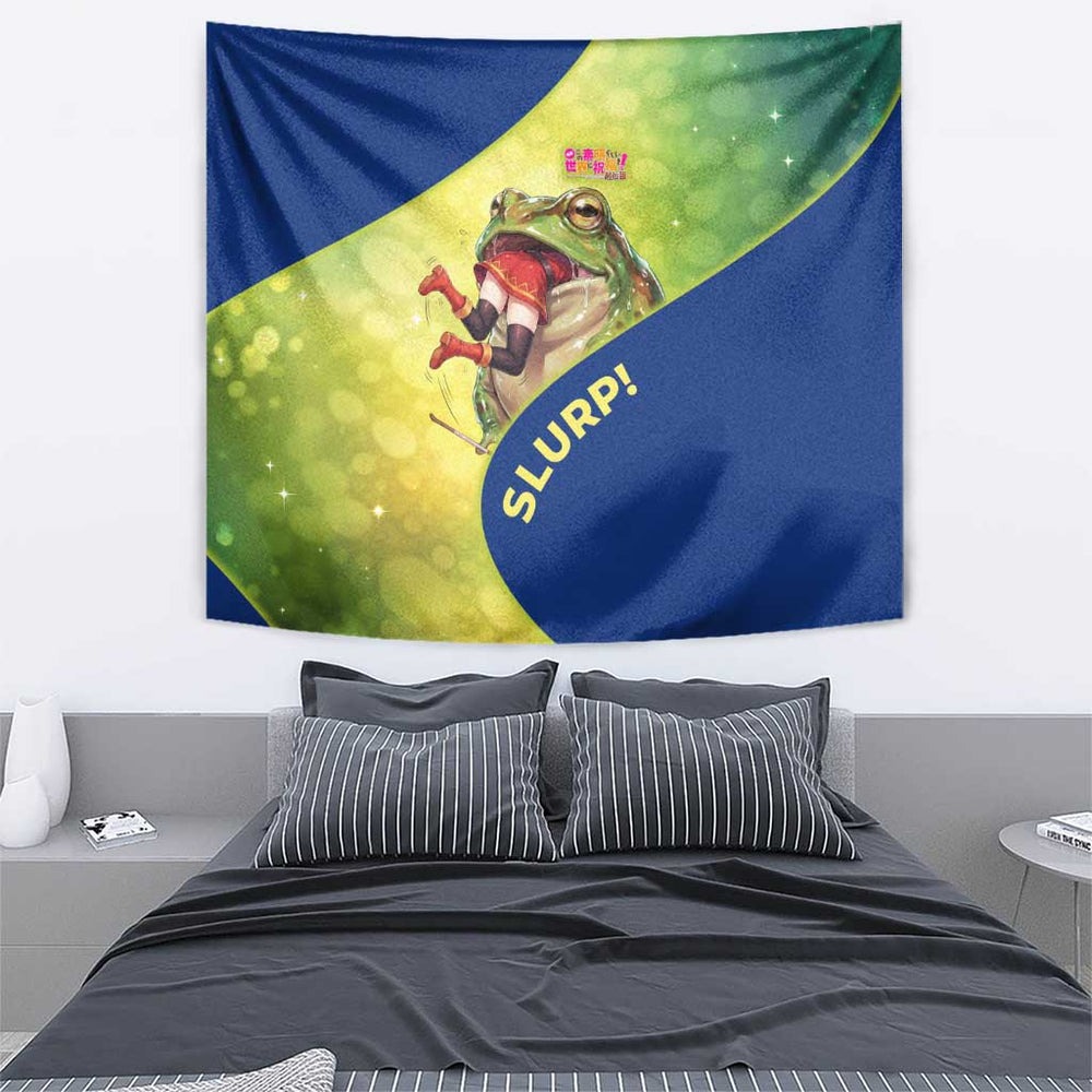 Giant Toad Encounter Tapestry Comedic Fantasy Creature Art Style TS04 Giant Toad Encounter Tapestry Comedic Fantasy Creature Art Style TS04
