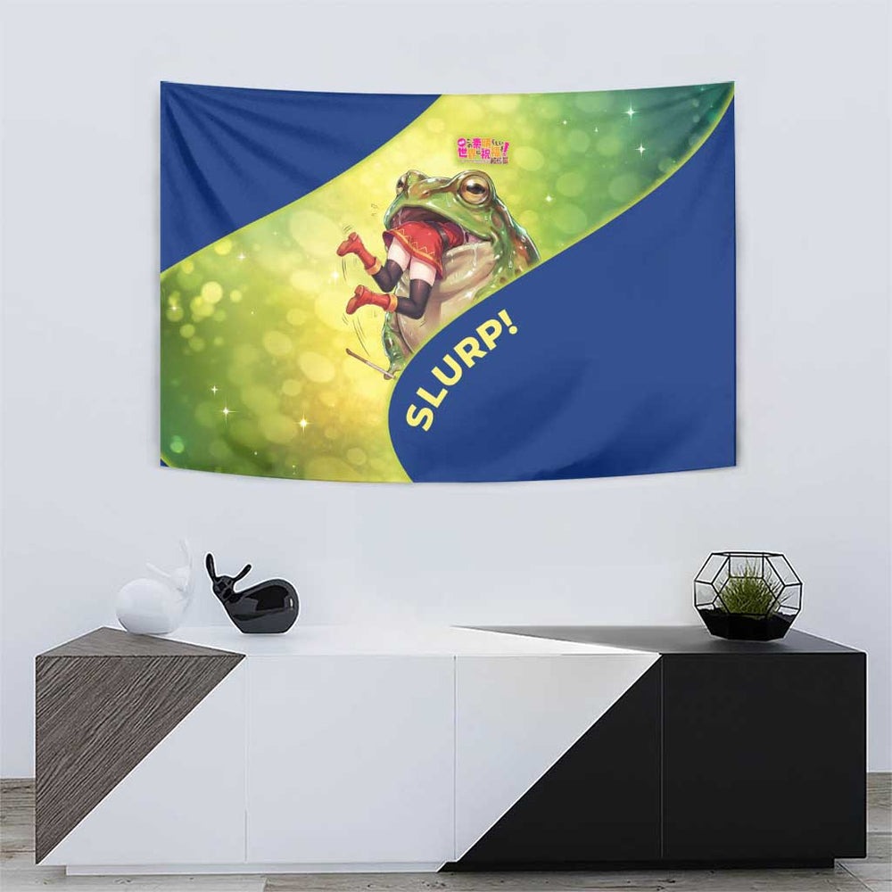 Giant Toad Encounter Tapestry Comedic Fantasy Creature Art Style TS04 Giant Toad Encounter Tapestry Comedic Fantasy Creature Art Style TS04