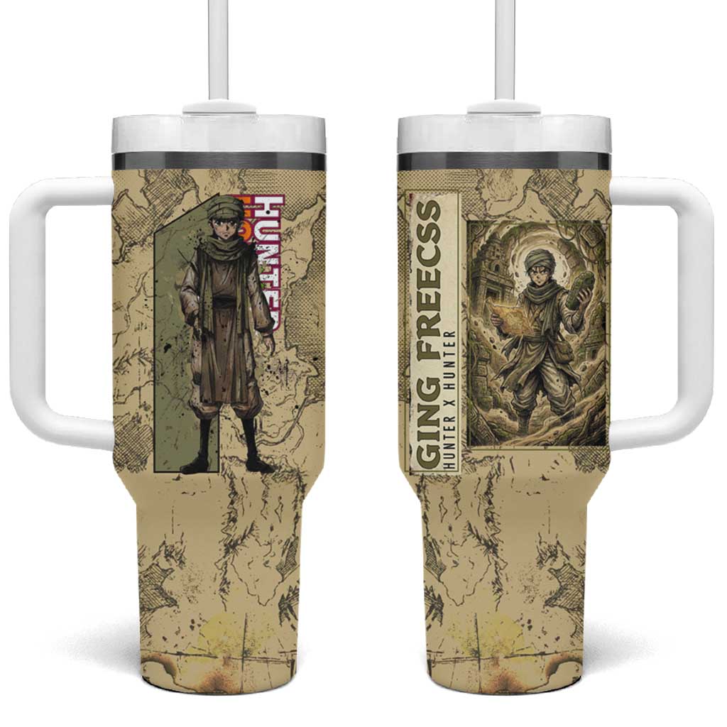 Ging Freecss Theme Desert Explorer Design Tumbler With Handle with Ancient Map Background and Adventure Card Artwork TS04