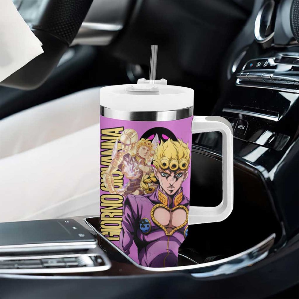 Giorno Giovanna JoJo's Bizarre Adventure Tumbler With Handle with Gold Experience Pose and Stylish Stand Design TS04 Giorno Giovanna JoJo's Bizarre Adventure Tumbler With Handle with Gold Experience Pose and Stylish Stand Design TS04