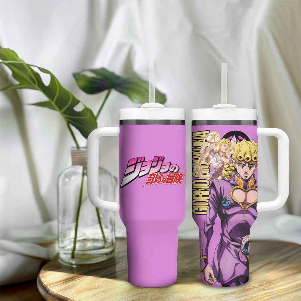 Giorno Giovanna JoJo's Bizarre Adventure Tumbler With Handle with Gold Experience Pose and Stylish Stand Design TS04 Giorno Giovanna JoJo's Bizarre Adventure Tumbler With Handle with Gold Experience Pose and Stylish Stand Design TS04
