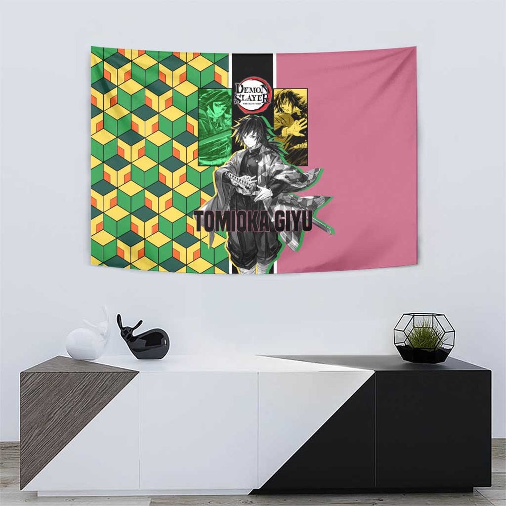 Giyu Tomioka from Demon Slayer Tumbler With Handle with Geometric Pattern Sleeve and Pink and Black Manga Panel Design TS04 Giyu Tomioka from Demon Slayer Tumbler With Handle with Geometric Pattern Sleeve and Pink and Black Manga Panel Design TS04