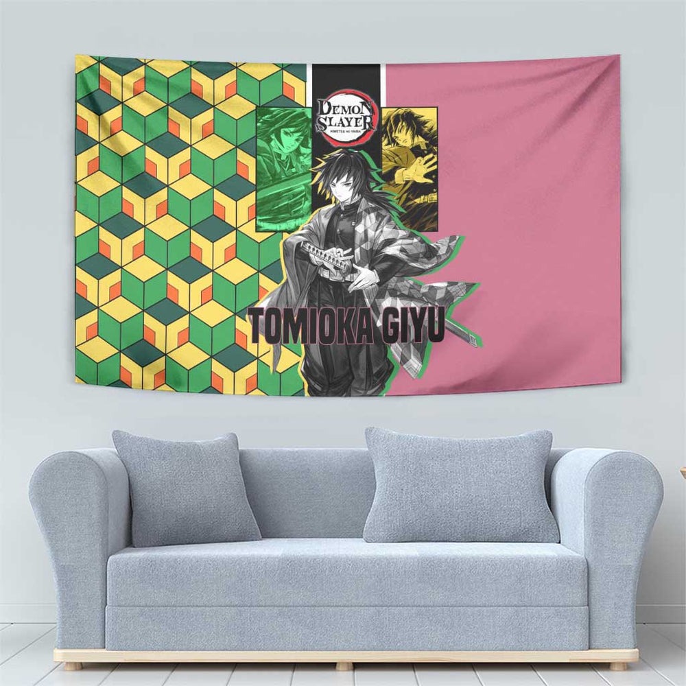 Giyu Tomioka from Demon Slayer Tumbler With Handle with Geometric Pattern Sleeve and Pink and Black Manga Panel Design TS04 Giyu Tomioka from Demon Slayer Tumbler With Handle with Geometric Pattern Sleeve and Pink and Black Manga Panel Design TS04