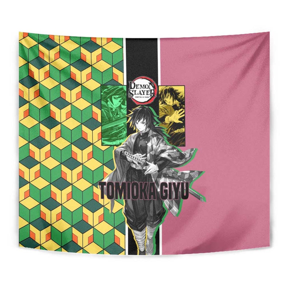 Giyu Tomioka from Demon Slayer Tumbler With Handle with Geometric Pattern Sleeve and Pink and Black Manga Panel Design TS04 Giyu Tomioka from Demon Slayer Tumbler With Handle with Geometric Pattern Sleeve and Pink and Black Manga Panel Design TS04