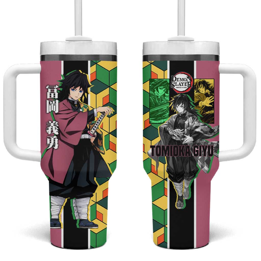 Giyu Tomioka from Demon Slayer Tumbler With Handle with Geometric Pattern Sleeve and Pink and Black Manga Panel Design TS04