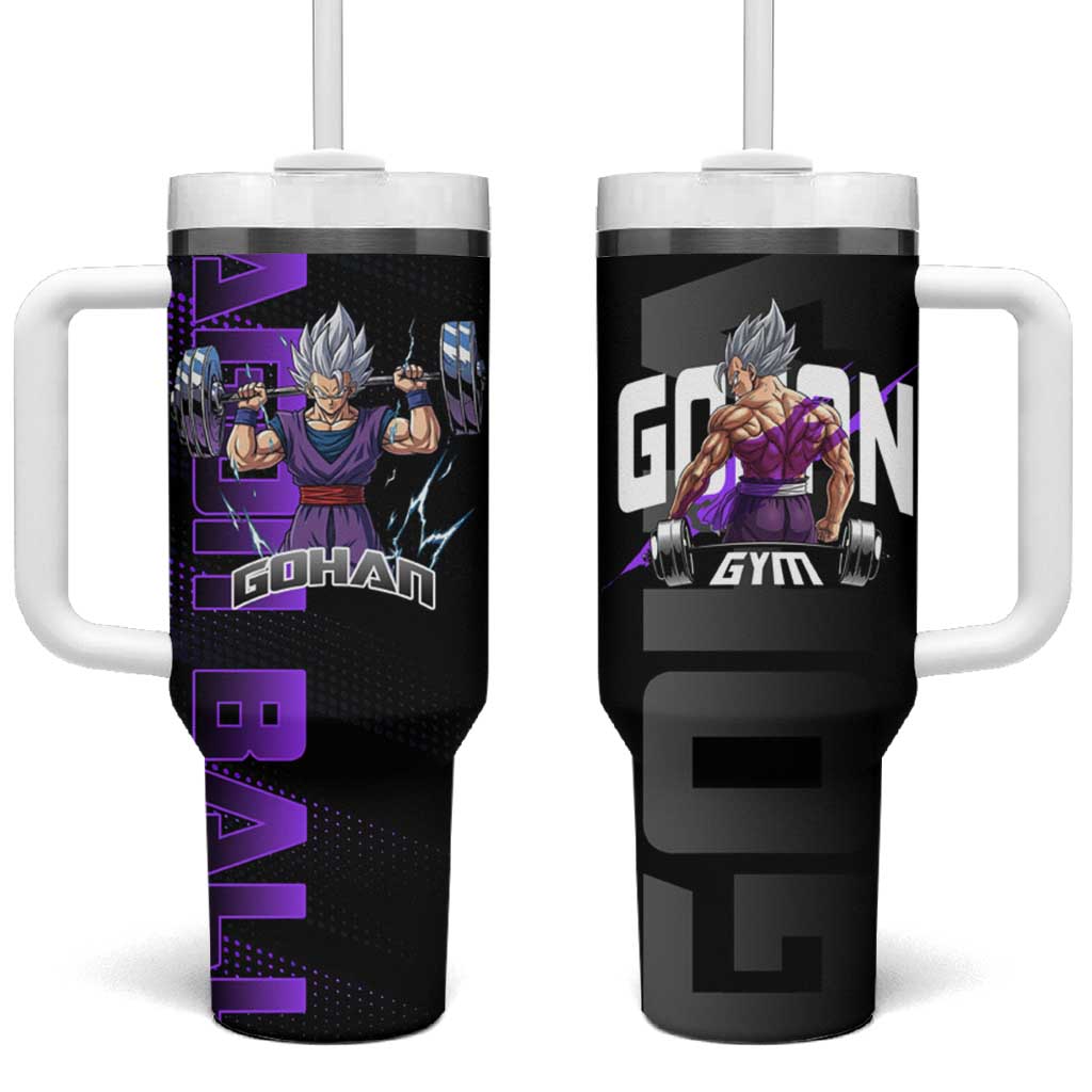 Gohan Dragon Ball Gym Theme Tumbler With Handle with Dumbbell Power Lift and Electric Aura on Black and Purple Design TS04