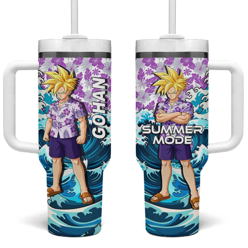 Gohan Dragon Ball Summer Theme Tumbler With Handle with Tropical Floral Shirt Shenron and Ocean Wave Background TS04