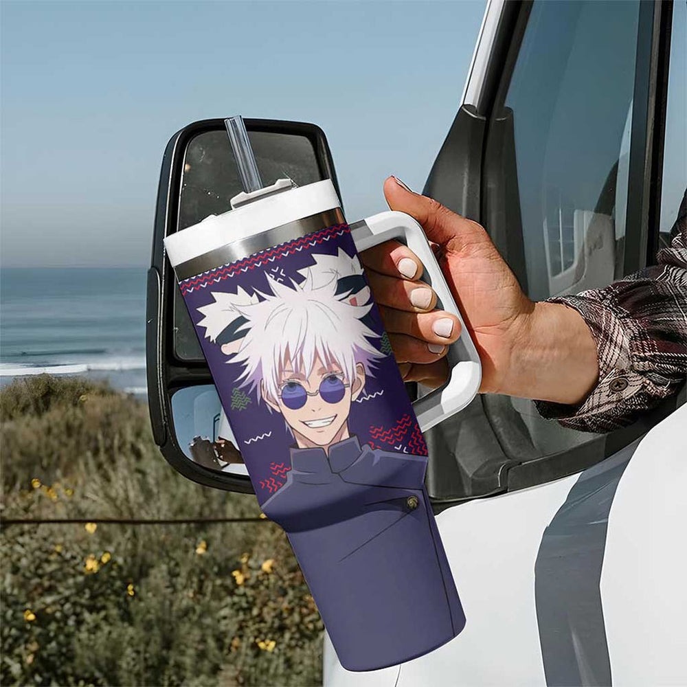 Gojo Satoru Ugly Christmas - Jujutsu Kaisen Tumbler With Handle Anime Mix Christmas Style TS04 Gojo Satoru Ugly Christmas - Jujutsu Kaisen Tumbler With Handle Anime Mix Christmas Style TS04