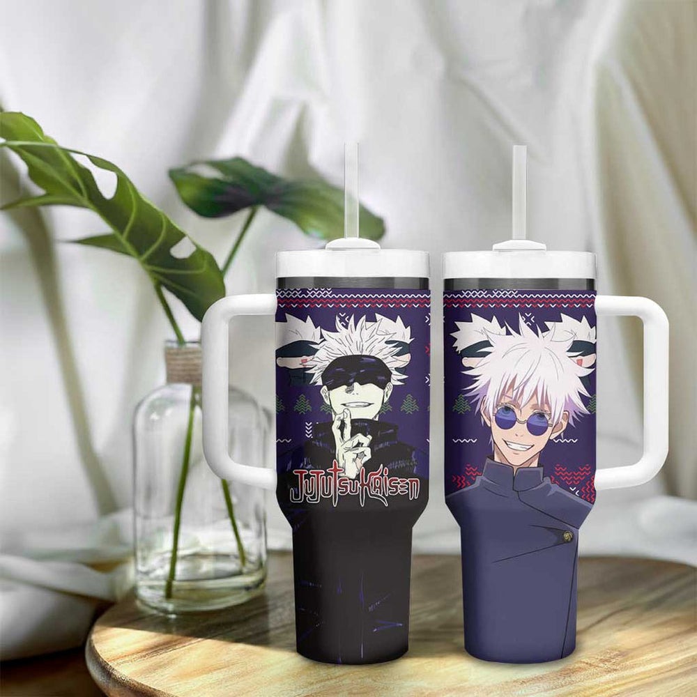 Gojo Satoru Ugly Christmas - Jujutsu Kaisen Tumbler With Handle Anime Mix Christmas Style TS04 Gojo Satoru Ugly Christmas - Jujutsu Kaisen Tumbler With Handle Anime Mix Christmas Style TS04