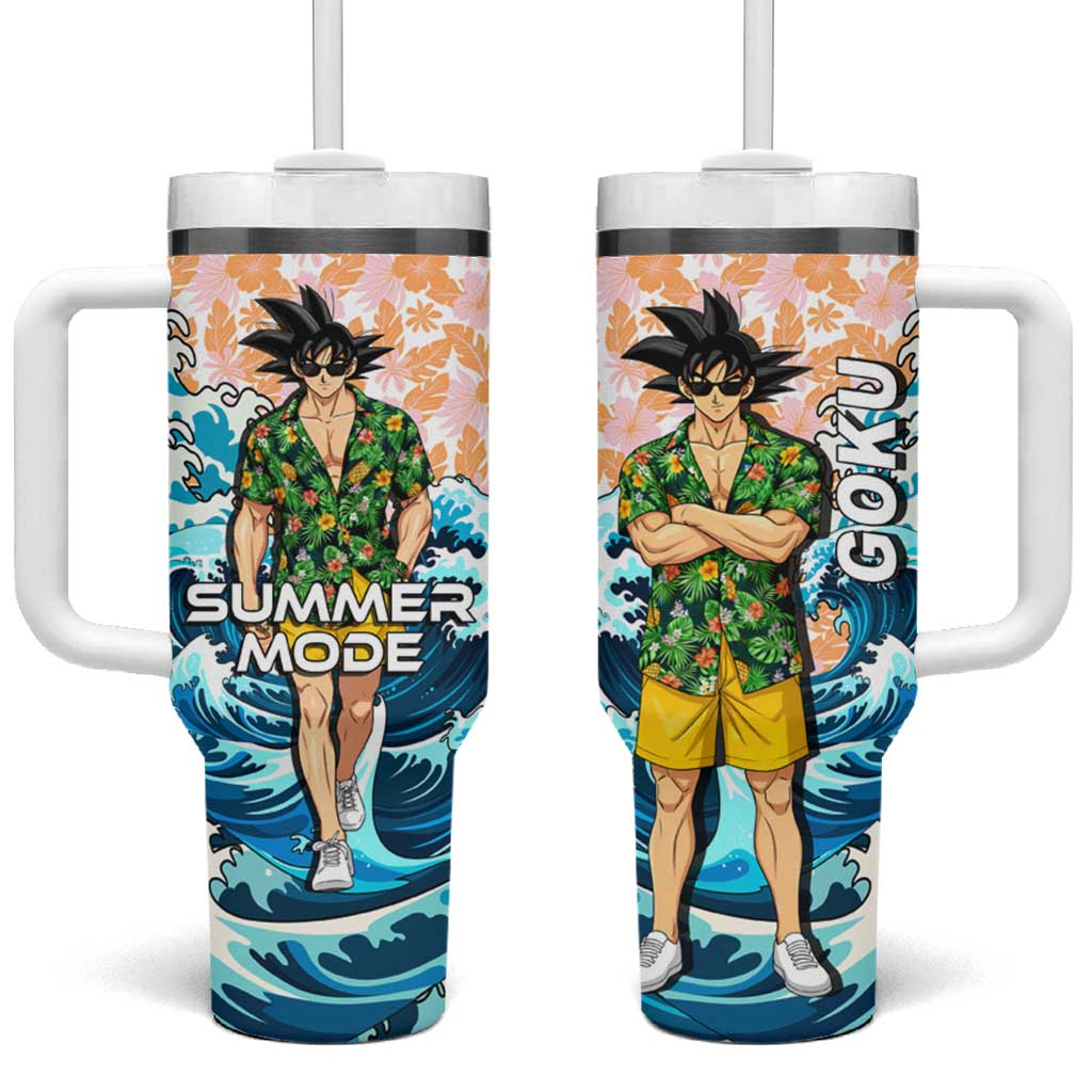 Goku Dragon Ball Summer Theme Tumbler With Handle with Tropical Floral Shirt Sunglasses Shenron and Ocean Wave Background TS04