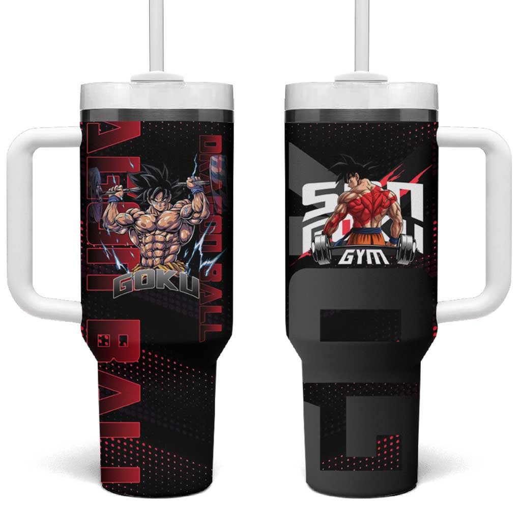 Goku Gym Theme Black and Red Design Tumbler With Handle with Dumbbell Lightning Art and Muscle Training Pose TS04
