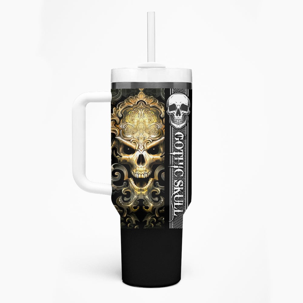 Golden Gothic Skull Tumbler With Handle Embracing Ancient Elegance DT01 Golden Gothic Skull Tumbler With Handle Embracing Ancient Elegance DT01