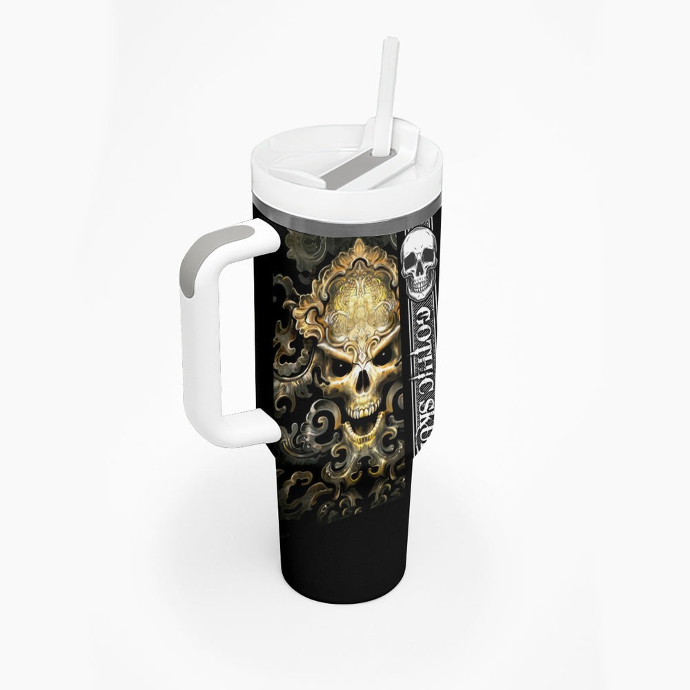 Golden Gothic Skull Tumbler With Handle Embracing Ancient Elegance DT01 Golden Gothic Skull Tumbler With Handle Embracing Ancient Elegance DT01