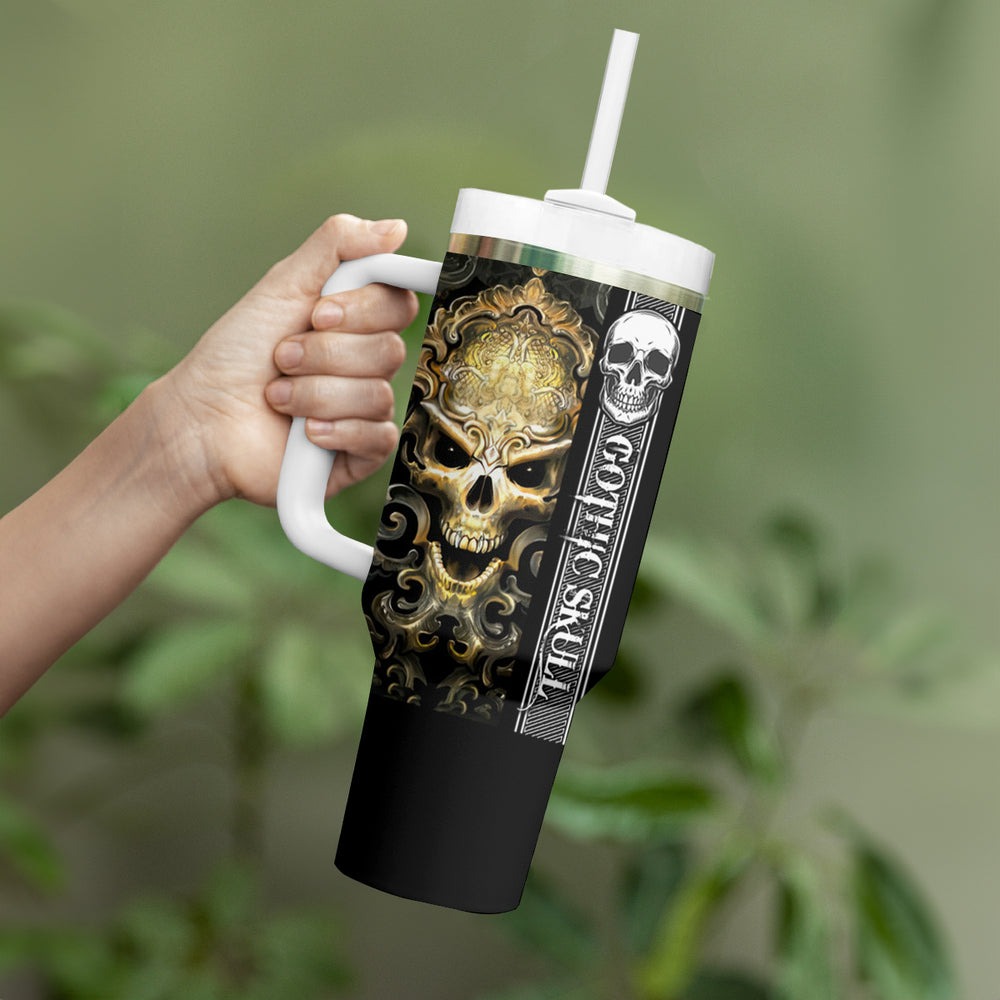 Golden Gothic Skull Tumbler With Handle Embracing Ancient Elegance DT01 Golden Gothic Skull Tumbler With Handle Embracing Ancient Elegance DT01