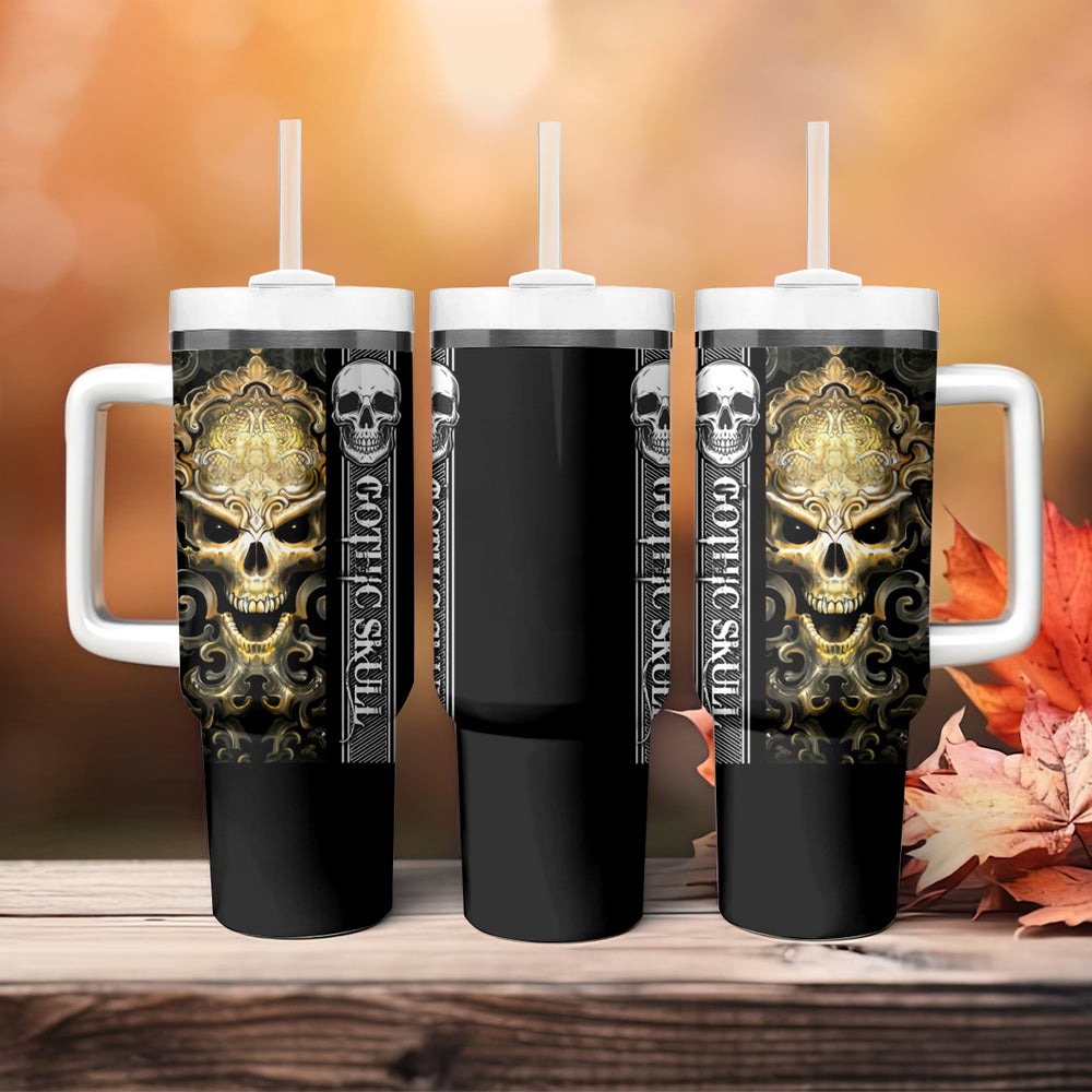 Golden Gothic Skull Tumbler With Handle Embracing Ancient Elegance DT01 Golden Gothic Skull Tumbler With Handle Embracing Ancient Elegance DT01