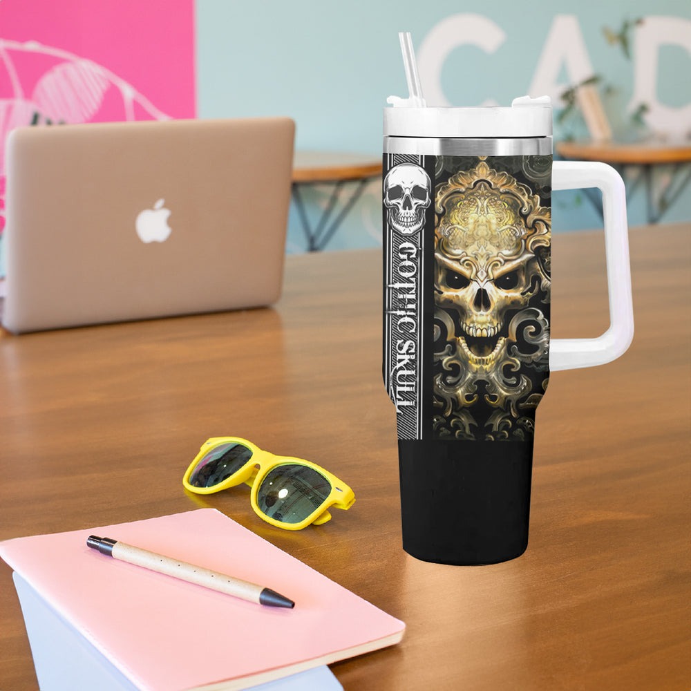 Golden Gothic Skull Tumbler With Handle Embracing Ancient Elegance DT01 Golden Gothic Skull Tumbler With Handle Embracing Ancient Elegance DT01