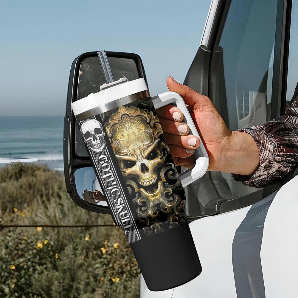 Golden Gothic Skull Tumbler With Handle Embracing Ancient Elegance DT01 Golden Gothic Skull Tumbler With Handle Embracing Ancient Elegance DT01