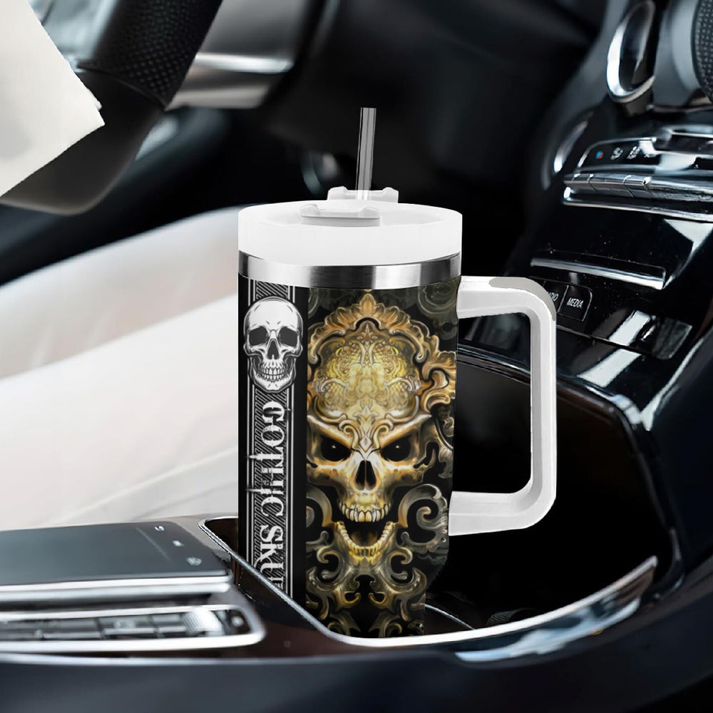 Golden Gothic Skull Tumbler With Handle Embracing Ancient Elegance DT01 Golden Gothic Skull Tumbler With Handle Embracing Ancient Elegance DT01