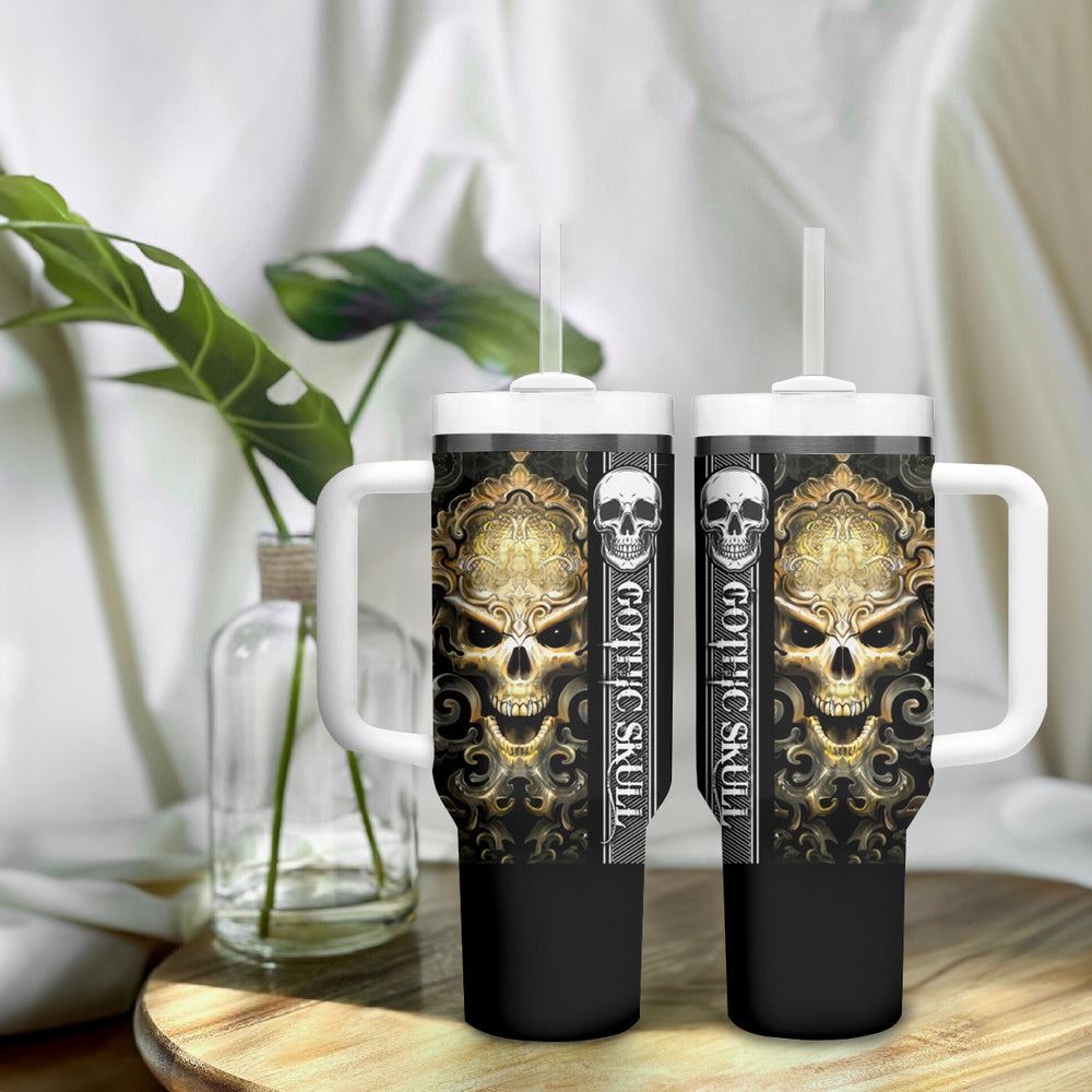 Golden Gothic Skull Tumbler With Handle Embracing Ancient Elegance DT01 Golden Gothic Skull Tumbler With Handle Embracing Ancient Elegance DT01