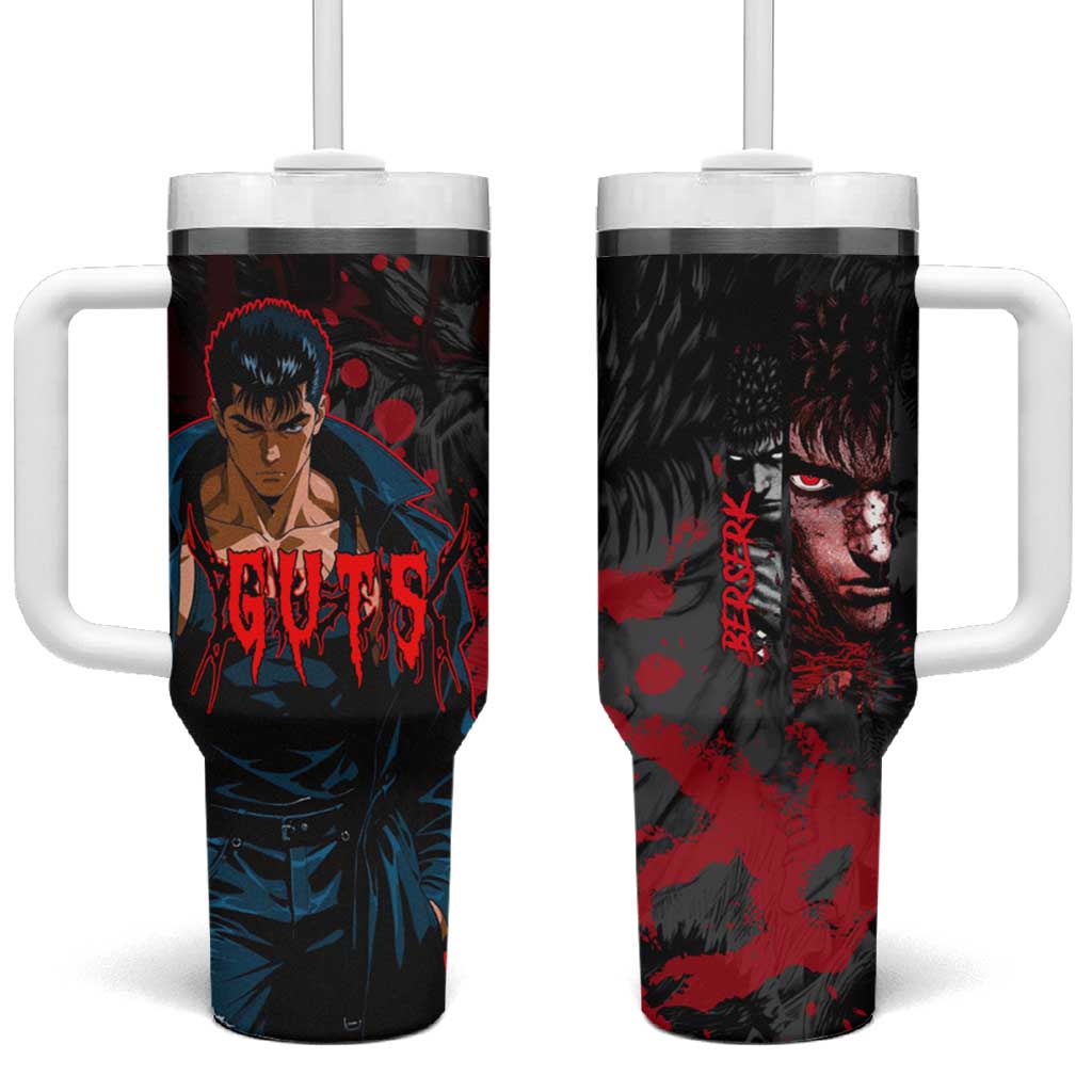 Guts Berserk Dark Theme Tumbler With Handle with Blood Splatter and Intense Warrior Expression Design TS04