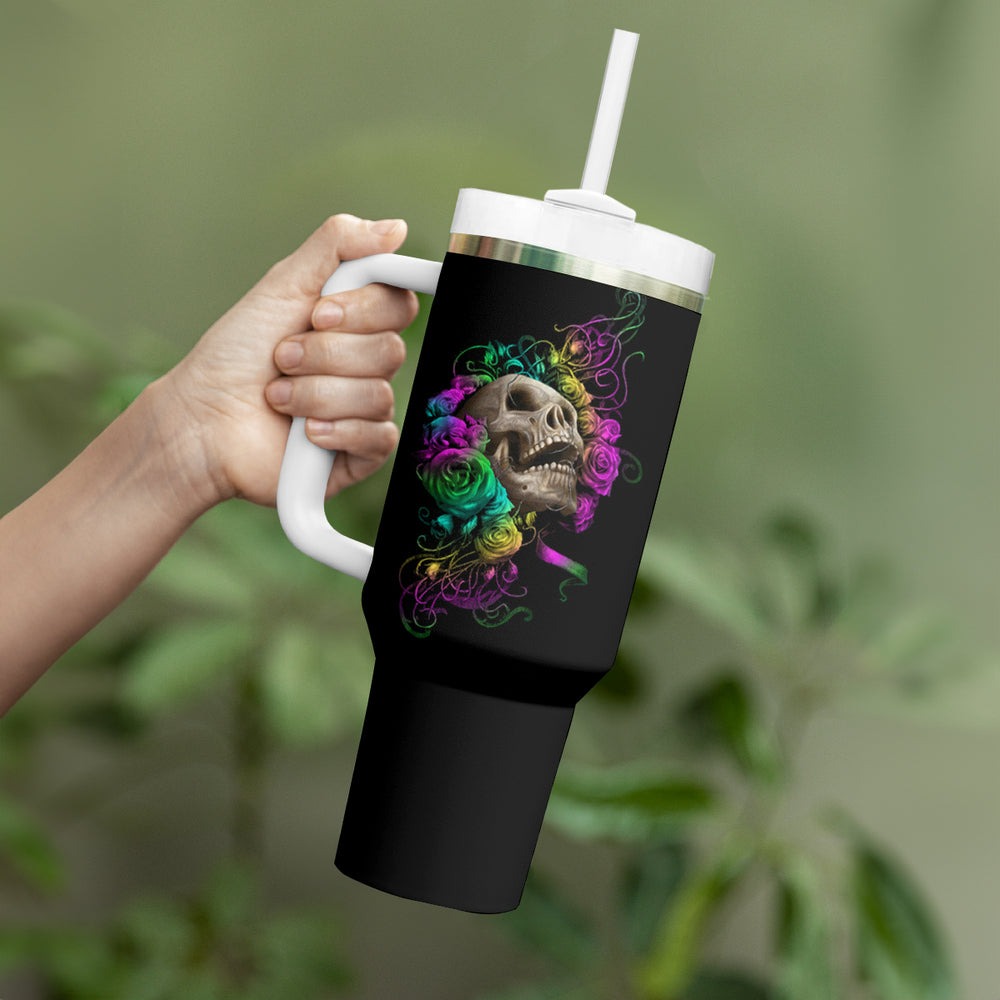I Am The Storm Tie Dye Rose Skull Tumbler With Handle TS04 I Am The Storm Tie Dye Rose Skull Tumbler With Handle TS04