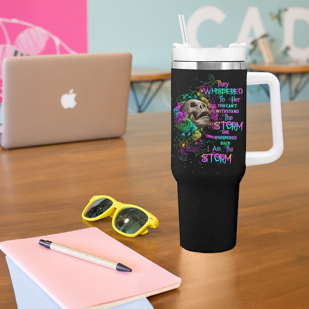 I Am The Storm Tie Dye Rose Skull Tumbler With Handle TS04 I Am The Storm Tie Dye Rose Skull Tumbler With Handle TS04