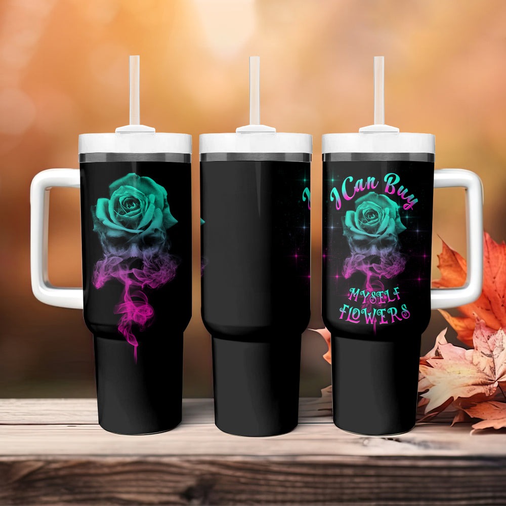 I Can Buy Myself Flowers Smoke Rose Skull Tumbler With Handle TS04 I Can Buy Myself Flowers Smoke Rose Skull Tumbler With Handle TS04