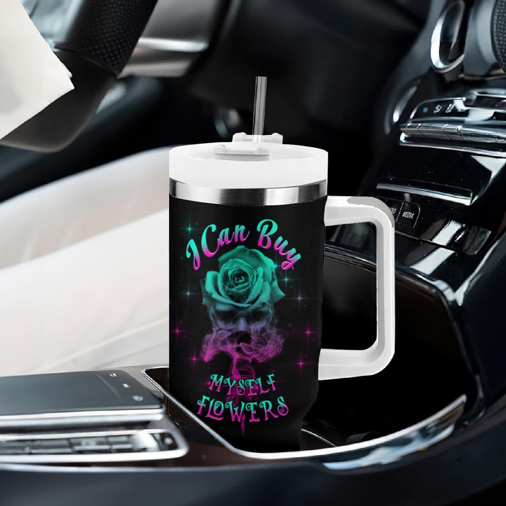 I Can Buy Myself Flowers Smoke Rose Skull Tumbler With Handle TS04 I Can Buy Myself Flowers Smoke Rose Skull Tumbler With Handle TS04