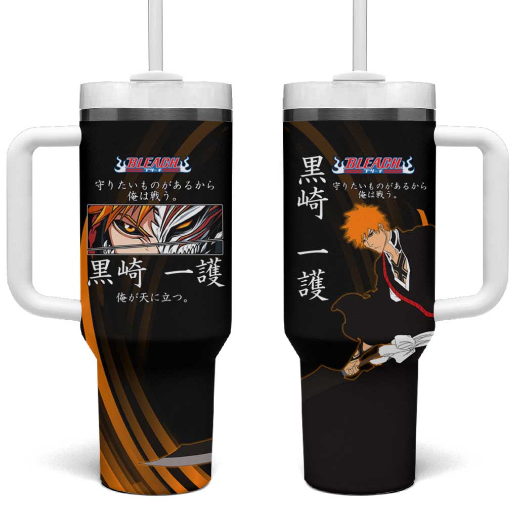 Ichigo Bleach Anime Black and Orange Theme Tumbler With Handle with Hollow Mask and Japanese Calligraphy Design TS04